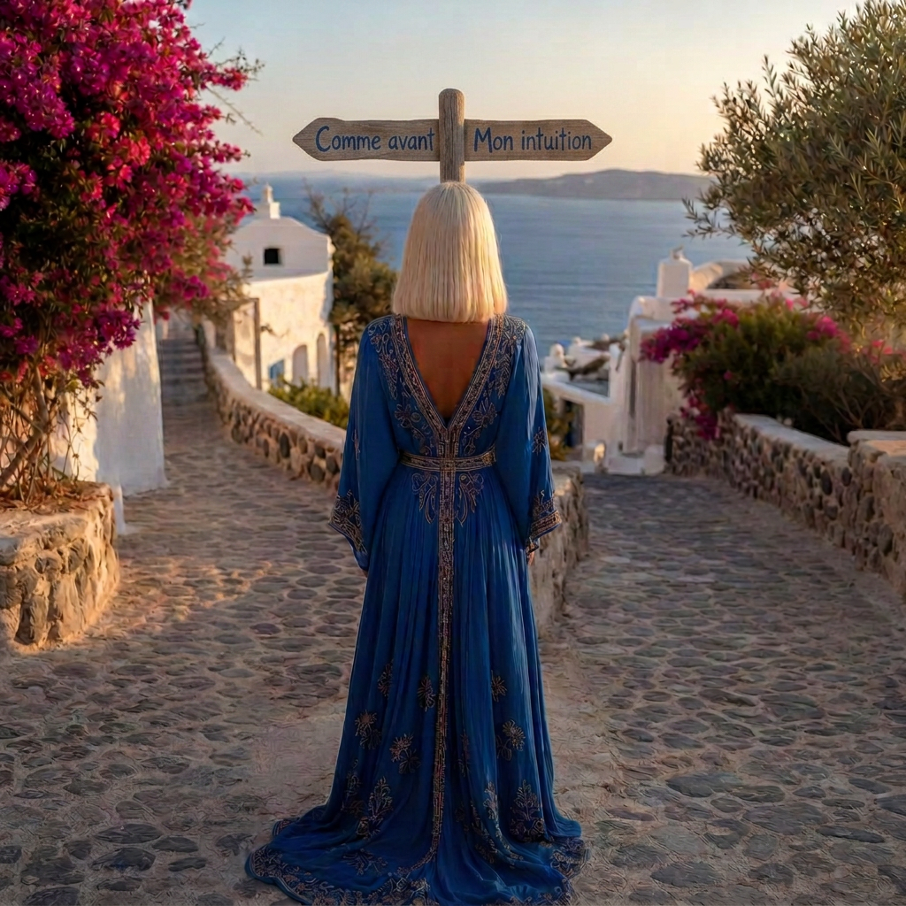 Faire confiance à son intuition : femme de dos aux cheveux blonds platine mi-longs, debout devant un panneau à l'intersection de deux chemins méditerranéens indiquant 'Comme avant' et 'Mon intuition', symbole du choix entre le connu et l'appel intérieur, lors d'une séance de Kundalini Activation (YKA) au Centre Nafas Shanti