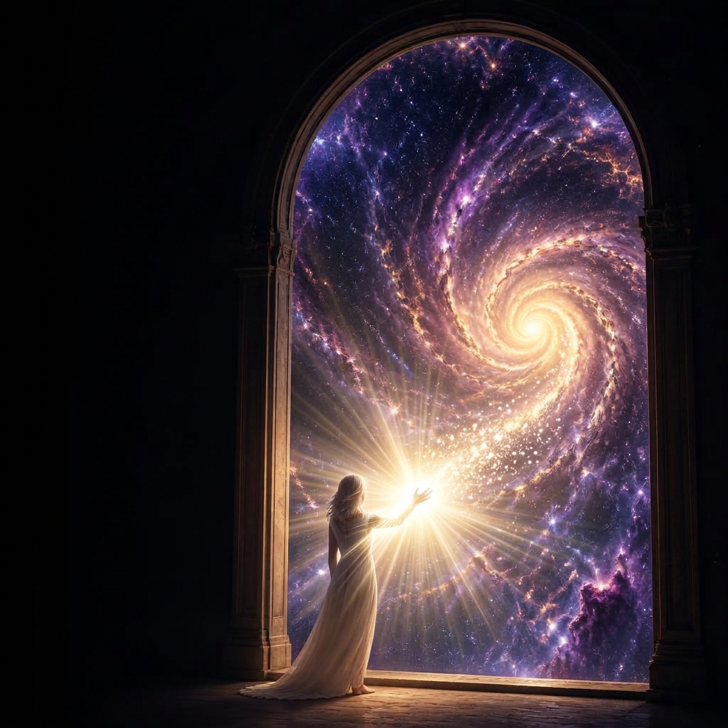 Univers, Uni-vers, Vers l'un : femme de dos aux cheveux blonds platine mi-longs, debout devant une porte ouverte donnant sur une galaxie spiralée et un champ d'étoiles façon télescope Hubble, symbole de l'expansion de la conscience et de la reconnexion à l'univers au Centre Nafas Shanti